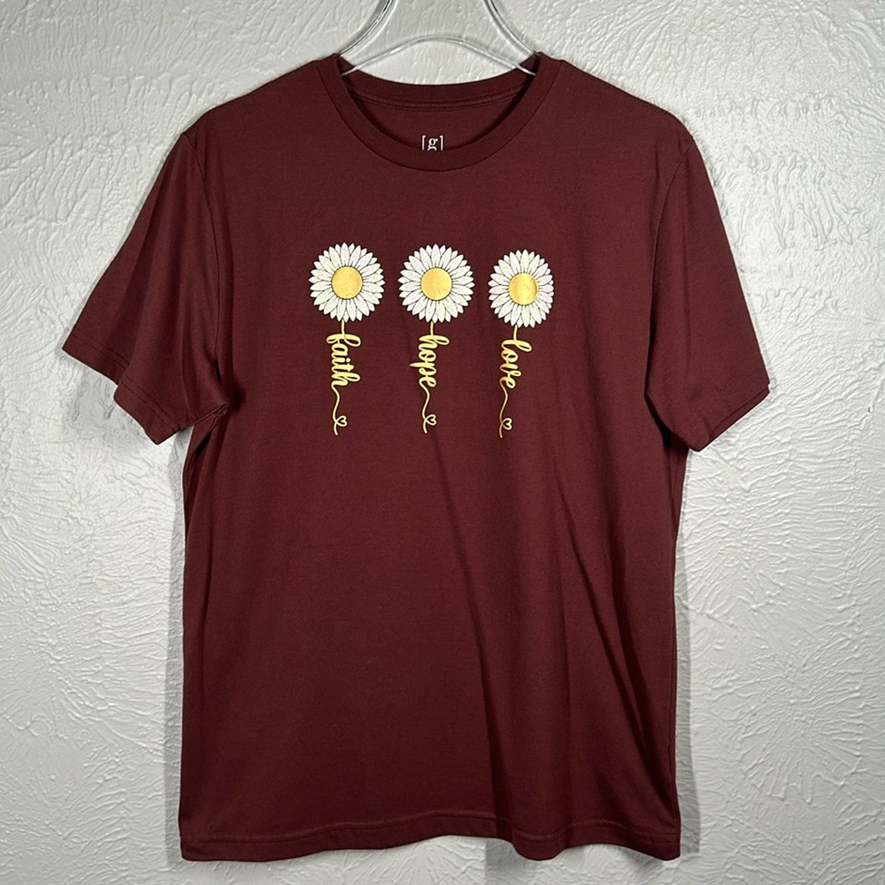 Faith Hope Love Glitter Daisy Burgundy Short Sleeve T-shirt Women's Size… - Picture 1 of 7
